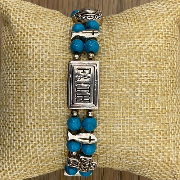 Silver-Toned Hope Love Faith Charm Bracelet with Turquoise Beads - Picture 3 of 4
